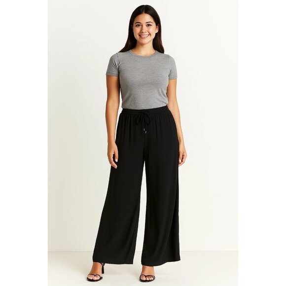 Saks Fifth Ave Sport Black Wide Leg Pants Elastic Waist Soft Fabric Size 14P NWT - Picture 1 of 9